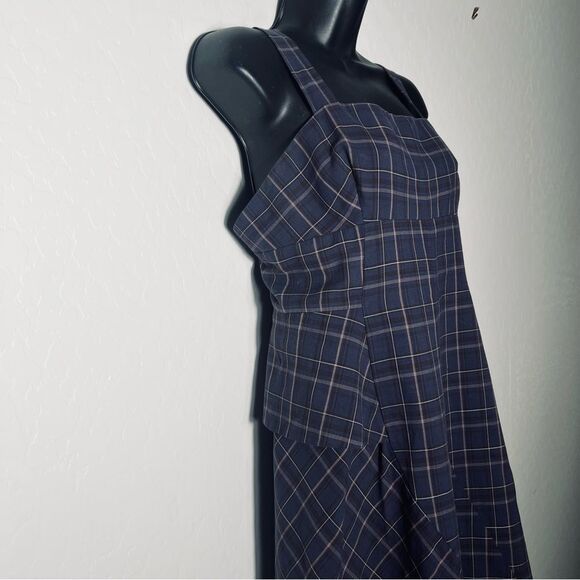 BCBGMAXAZRIA Navy Brown Plaid Apron Square Neck Asymmetrical Dress 8 M - Picture 4 of 15